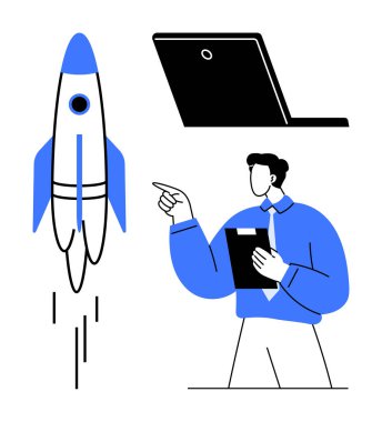 Elinde not panosu olan bir iş adamı bir roketi işaret ediyor. Arka plandaki dizüstü bilgisayar planlama ve yeniliği sembolize ediyor. Girişimcilik, takım çalışması, başlangıç büyümesi, planlama, uzay görevi için ideal