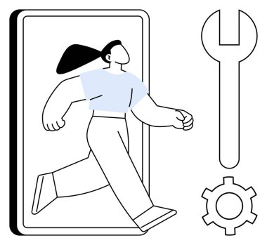 Telefondan çıkan kişi, büyük anahtar ve vites simgesi gelişimi, yaratıcılığı ve çözümleri simgeliyor. Teknoloji, yenilik, problem çözme, dijital araçlar, mekanik takım çalışması için ideal