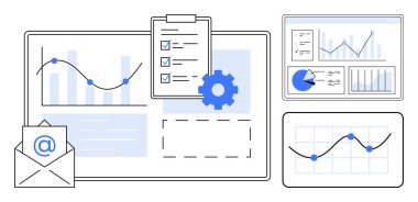 Grafikler, grafikler, raporlar, e-posta, pano ve teçhizat veri analizi, verimlilik, iletişim işbirliği iş örgütü ve teknolojiyi temsil ediyor. Basit bir iniş sayfası için ideal