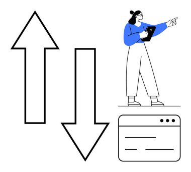 Elinde tablet olan iş kadını, tarayıcı penceresinin yanındaki yukarı ve aşağı ok vektörlerini analiz ediyor. Analiz, karar verme, takım çalışması, strateji, veri eğilimleri, büyüme, basit iniş sayfası için ideal