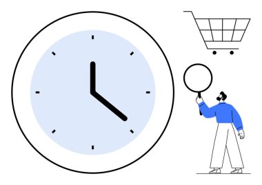 Büyük saat yüzlü, alışveriş arabası, elinde büyüteç tutan biri. Zaman yönetimi, çevrimiçi alışveriş, e-ticaret, arama verimliliği, verimlilik, basit iniş sayfaları için ideal