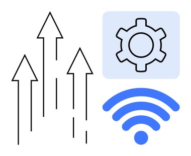 Yukarı ok, dişli ve kablosuz sinyal teknolojik gelişmeyi, verimliliği ve bağlantıyı gösteriyor. Yenilik, ilerleme, ağ, strateji geliştirme otomasyonu için ideal ve basit