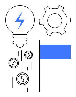 Enerji sembollü ampul madeni paralar serbest bırakır, vites işlemleri sembolize eder, ve odak için mavi dikdörtgen. Yenilik, enerji tasarrufu, girişimcilik, finans büyümesi, teknoloji, iş dünyası için ideal