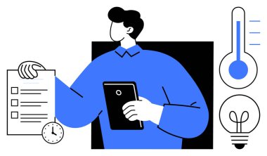 Bireyde bir kontrol listesi ve tablet bulunur, saat, termometre ve ampul organizasyonu, zaman yönetimini, yaratıcılığı ve üretkenliği temsil eder. Planlama ve yenilik için ideal