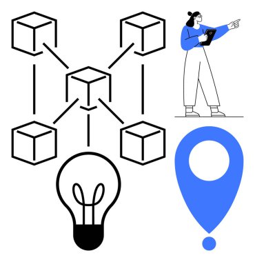 Blockchain ağ diyagramı, yenilik için ampul, strateji için konum iğnesi, pano rehberi olan kişi. Teknoloji, eğitim, lojistik, liderlik kavramları, işbirliği yeniliği için ideal