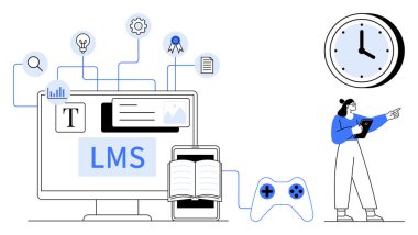 LMS arayüzü olan bilgisayar, kitaplar, oyun kontrolörü, saat ve tabletli öğrencilerle çevrilidir. Eğitim, teknik eğitim, e-öğrenme, gamifikasyon, verimlilik eğitimi planlama için ideal