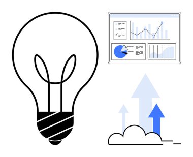 Fikirleri sembolize eden ampul, grafik ve grafiklerle analitik gösterge paneli, yukarı doğru büyümeyi temsil eden oklar. Strateji, ilerleme, yaratıcılık, yenilik, veri analizi, girişimcilik için ideal