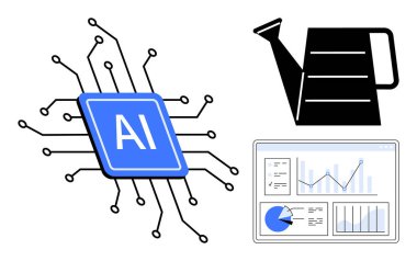 Devrelere bağlı yapay zeka çipi, sulama büyümeyi sembolize edebilir ve grafikler, grafikler ve verilerle birlikte bir gösterge paneli. Teknoloji, yenilik, yapay zeka, veri büyüme teknolojisi eğitimi için idealdir.