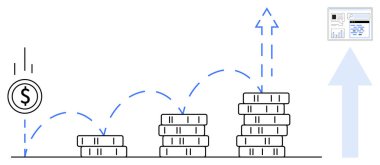 Yükselen oklarla madeni para yığınlarının artması, finansal büyümeyi simgeliyor. İş, yatırım, tasarruf, zenginlik yönetimi, ekonomik analiz, başarı, basit iniş sayfası