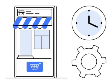 Mobil vites, güneşlik ve alışveriş arabası düğmesi, zaman yönetimini sembolize eden saat, ayarlar için teçhizat. E-ticaret, çevrimiçi iş, zaman yönetimi, optimizasyon, teknoloji araçları için ideal