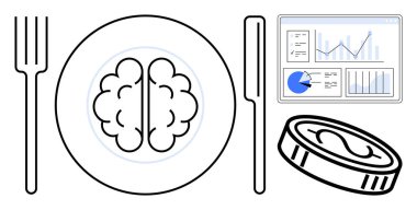 Çatal ve bıçakla bir tabağa yerleştirilmiş beyin, konserve balık ve analitikler akıl sağlığını gösteriyor. Sağlık, diyet, farkındalık, verimlilik, beslenme, beyin gücü ve basit bir iniş için ideal