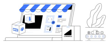 Depo önü tepe örtülü dizüstü bilgisayar, alışveriş simgeleri, paketler, maliyet sembollü taşıyıcı. E-ticaret, çevrimiçi alışveriş, perakende, lojistik, iş dijital satış sayfası
