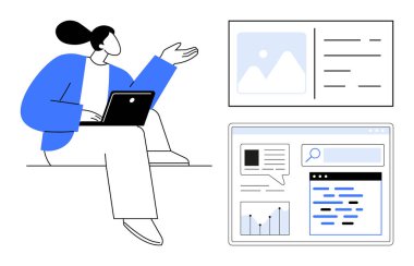 Dizüstü bilgisayar tutan kişi, içerik kartlarının yanında grafikler, mesajlar ve resimler olan kişi. Teknoloji, eğitim, verimlilik, iletişim, analitik içerik oluşturma için ideal basit bir iniş sayfası