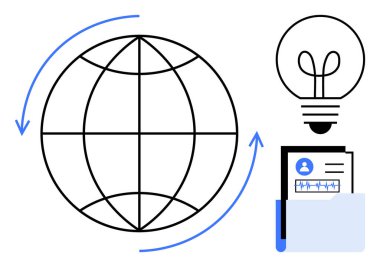 Oklu küre küresel bağlantıyı sembolize eder, ampul yenilik önerir, ve dokümanlı klasör veri düzenini temsil eder. Teknoloji, iş, eğitim ve küreselleşme için ideal