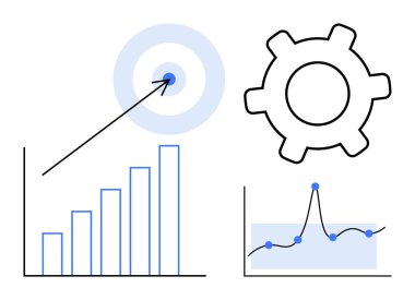 Büyümeyi gösteren çizgi çizelgesi, hedefi vuran ok, işlem için vites, veri noktaları olan çizgi grafiği. Analiz, iş planlaması, başarı stratejisi, verimlilik, optimizasyon performansı için ideal