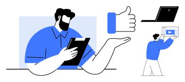 Sakallı bir adam tablet okuyor, el hareketi yapıyor, bilgisayarını açıyor, video çerçevesini tutuyor. E- öğrenme, geri bildirim, öğretim, dijital strateji, teknoloji pazarlaması için ideal