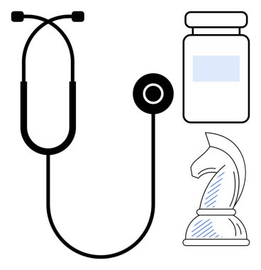 Steteskop sağlık temalarıyla bağlantılı, tedaviyi sembolize eden bir ilaç şişesi, ve satranç şövalyesi stratejisini simgeliyor. Sağlık, karar verme, strateji, tıbbi hizmetler ve planlama için ideal