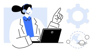 Kulaklık ve dizüstü bilgisayar kullanarak kendine güvenen çağrı merkezi temsilcisi. Görünür vitesler ve bağlı küresel iletişim, işbirliği, teknoloji ve ağı vurguluyor. İdeal