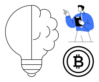 Ampul beyinle birleşir, pano tutan adam, Bitcoin simgesi. Yenilik için ideal, kripto para birimi, iş stratejisi, teknoloji, karar verme mekanizması, engelleme zinciri yaratıcı problem çözme