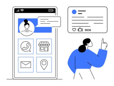 Kullanıcı akıllı telefon uygulaması görüntüleme profili, mesajlar, sosyal aktivite, konum, iletişim simgeleri ile meşgul. Sosyal medya, bağlantı, ağ oluşturma, uygulama UI mesajlaşma işi için ideal