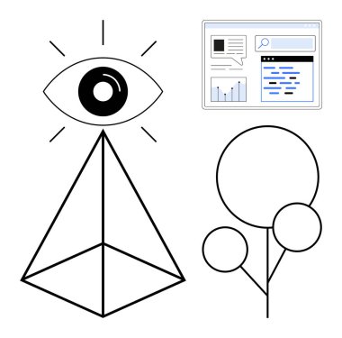 Geometrik piramidin tepesindeki göz, grafiklerle ve metinlerle arayüz, biçimlendirilmiş ağaç. Vizyon için ideal, yenilik, analiz, büyüme, teknoloji, aydınlanma yaratıcı tasarım basit iniş sayfası