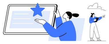 Tablet ekranın yanında yıldız sembolü tutan bir kadın, uzaklığı gösteren başka bir figür. Geri bildirim, değerlendirme, takım çalışması, gözden geçirme, hedefler, talimatlar, basit iniş sayfası için ideal