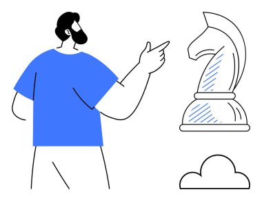 Sıradan giyinmiş bir adam büyük bir satranç taşına doğru hareket ediyor. Strateji, planlama, liderlik, karar verme, iş analizi, eleştirel düşünme, takım çalışması, düz metafor