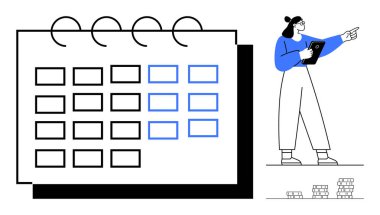 Üzerinde işaretli tarihler olan büyük boy spiral takvim ve elinde tablet tutan, kendinden emin bir şekilde geleceği gösteren ayakta duran bir kadın. Zamanlama, verimlilik, zaman yönetimi, takım çalışması, liderlik, planlama için ideal