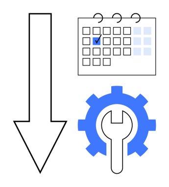 Takvim, planlama ve görev öncelikleri için aşağı ok ve dişli simgesi. Üretkenlik, iş akışı, bakım, proje planlama, hedef belirleme için ideal. Düz basit