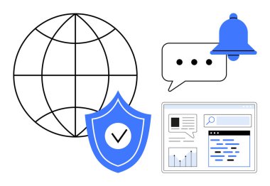 Kalkanlı ve işaretli dünya, konuşma balonu, uyarı zili ve veri arayüzü penceresi. Çevrimiçi gizlilik, İnternet güvenliği, veri analizi, uyarılar, iş iletişimi için ideal