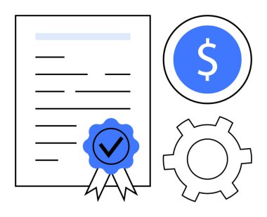 Resmi mavi kurdele ve işaretli belge, dolar parası, teçhizat sertifikası, finans, uyum ve işlem optimizasyonunu sembolize ediyor. İş, finans, analiz girişimi iş akışı için ideal