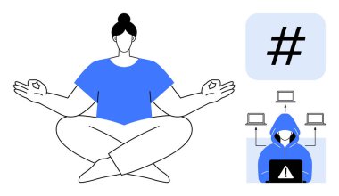 Lotus pozunda meditasyon yapan kişi, kapüşonlu adam, ağlı cihazlar, meta veri etiketi. Ruh sağlığı, denge, farkındalık, teknoloji stresi, siber güvenlik sosyal trendleri için ideal basit iniş sayfası