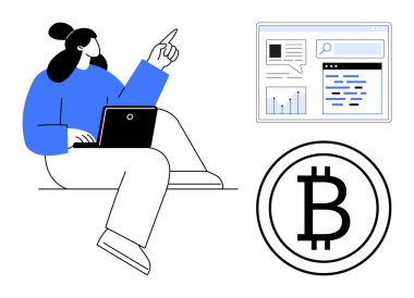 Dizüstü bilgisayarda çalışan kadın, üzerinde Bitcoin sembolü olan analitik gösterge panelini gösteriyor. Fintech, engelleme zinciri, kripto para birimi, çevrimiçi ticaret, finansal eğitim, dijital iş, basit