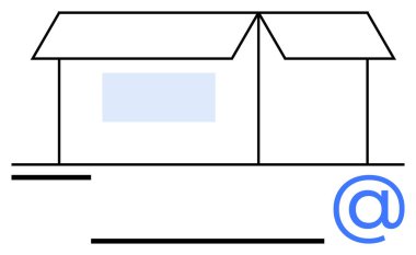 İçinde bir pencere ve internet sembolü olan minimalist bir ev çizimi. Teknoloji, bağlantı, akıllı evler, uzak çalışma, iletişim, yenilik, dijital çağ için idealdir. Düz basit metafor