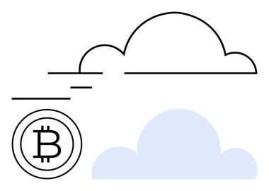 Bulut anahatlarını kaplayan Bitcoin sembolü, dijital işlemleri, engelleme zincirini ve şifrelemeyi vurguluyor. Fintech, kripto para birimi, ademi merkeziyet, yenilik, veri güvenliği teknolojisi için ideal