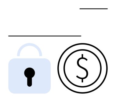 Asma kilit ve dolar para ikonu finansal güvenliği, siber korumayı, yatırım güvenliğini vurguluyor. Bankacılık, fintech, kripto para birimi, veri koruması, çevrimiçi ödemeler, basit iniş tasarrufu için ideal