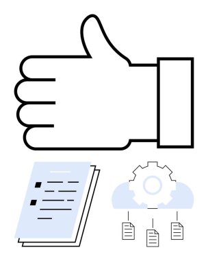Belgeler, dişli simgesi ve bağlı dosyaları olan bulutları sembolize eden olumlu bir jest. İş akışı, dosya yönetimi, işbirliği, bulut depolama, verimlilik, onay süreci için ideal