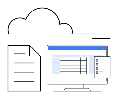 Bulut depolama çevrimiçi hesap çizelgeleri ve kontrol listesi araçlarını gösteren bir monitörle dijital bir belgeye bağlanır. Veri yönetimi, takım çalışması, organizasyon, dijital iş akışı, bulut hesaplama için ideal