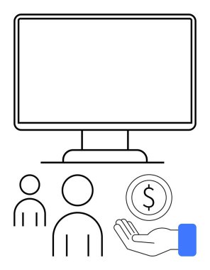 İnsan figürlü bilgisayar monitörü, bozuk para tutmak, online ödeme, dijital takım çalışması ve teknoloji işbirliği. E-ticaret, finans, takım çalışması, teknoloji bağlantısı için ideal