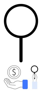 Madeni para ikonu ile el üstünde tutulan büyüteç finansal odağı vurguluyor. Finans, yatırım, piyasa araştırması, strateji, iş planlaması, veri analizi için ideal