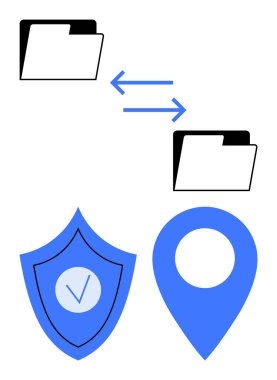 Değiş tokuş okları olan klasörler, işaretli mavi kalkan ve konum pimi. Veri güvenliği, dosya paylaşımı, koruma, konum izleme, siber güvenlik, bulut depolama sade iniş için ideal