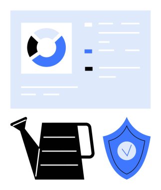 Pasta grafiği ve veri analizleri büyümek için bir sulama kutusu ve güvenlik için bir kalkan ile gösteriliyor. İş stratejisi, analitik, finans, büyüme, yatırım, güvenlik, basit iniş sayfası için ideal