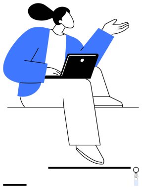 Dizüstü bilgisayar kullanan kendine güveni tam bir birey. Uzak çalışma, iş analizi, çevrimiçi eğitim, sunumlar, verimlilik, modern işyeri, sade iniş için ideal