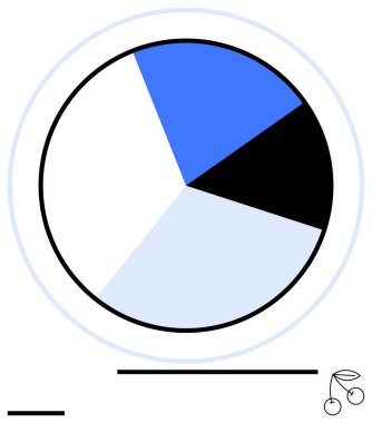 Mavi, siyah ve beyaz segmentli bir pasta grafiği. Temiz bir tasarım ve ince aksanlı. Analiz, veri temsili, minimalizm, iş raporları, bilgi grafikleri, sunumlar için ideal
