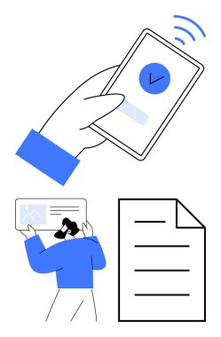 Uyarı ile el ele tutuşan akıllı telefon, bilgiyi inceleyen kişi, basit belge düzeni. İletişim, üretkenlik, teknoloji, iş, analiz, dijital etkileşim için ideal