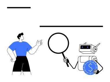 İnsan, elinde büyüteç ve para birimi sembolü tutan robota doğru hareket eder. Yenilik, teknoloji, yapay zeka, finans, takım çalışması, araştırma ve dijital ekonomi için ideal. Düz basit metafor