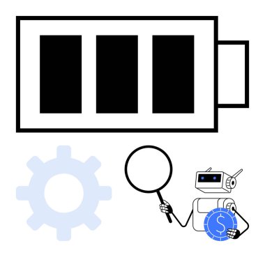 Robot elinde büyüteç olan, ayarları ve verimliliği değerlendiren bir pil simgesi. Teknoloji, enerji, otomasyon, optimizasyon, sürdürülebilirlik, yapay zeka yeniliği için ideal. Düz