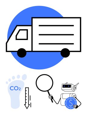 Kamyon, karbondioksitli karbon ayak izi, aşağı doğru ok, büyüteç, yapay zeka elinde para tutan robot. Sürdürülebilirlik, ulaşım, yenilik yapay zeka yeşil enerji finans araştırmaları için idealdir. Düz basit metafor
