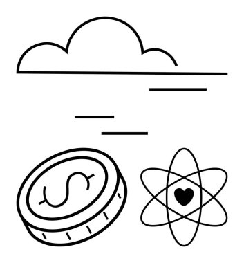 Bulut, içinde dolar işareti olan bozuk para, içinde kalp olan atom. Teknoloji, yenilik, veri, finans, sürdürülebilirlik, eğitim bilimi için ideal basit iniş sayfası