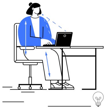 Kadın ofis çalışanı dizüstü bilgisayarında ergonomik duruş ipuçlarını gösteren oklarla yazı yazıyor. İş yeri verimliliği, ergonomik, ofis kurulumu, duruş kontrolü, çalışma ortamı için ideal